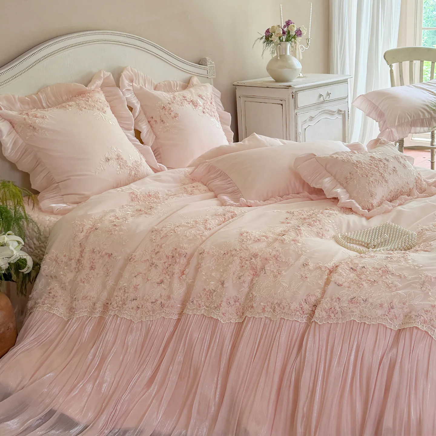 Fairycore 100S Cotton 3D Floral Pleated Skirt Bedspread Duvet Cover Set03 Fairycore 100S Cotton 3D Floral Pleated Skirt Bedspread Duvet Cover Set03
