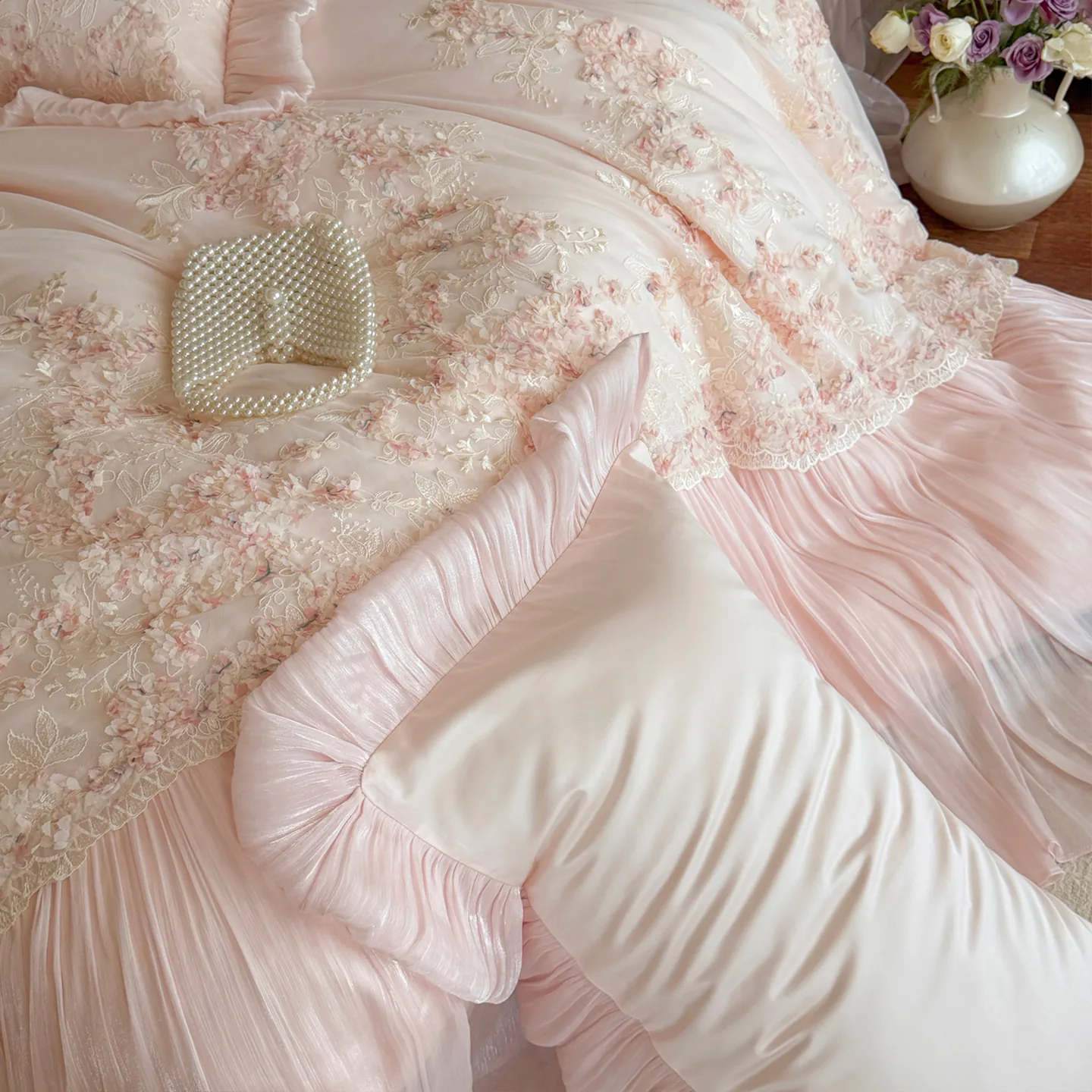 Fairycore 100S Cotton 3D Floral Pleated Skirt Bedspread Duvet Cover Set06 Fairycore 100S Cotton 3D Floral Pleated Skirt Bedspread Duvet Cover Set06
