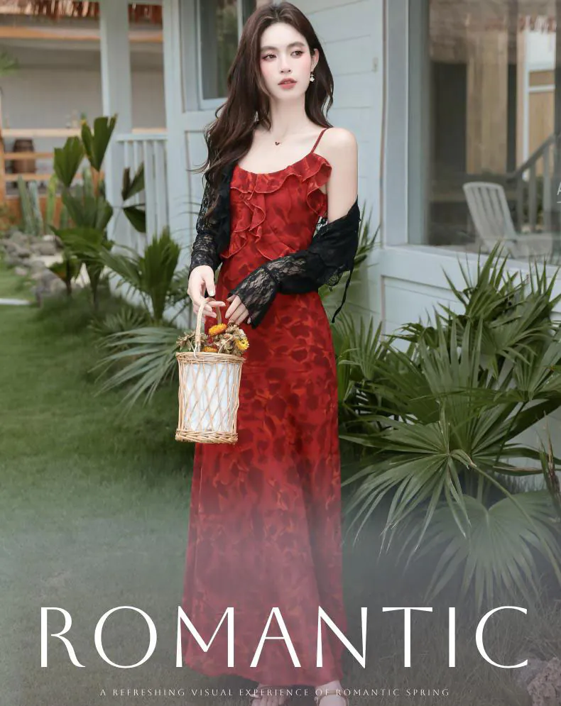 Feminine-Wine-Red-Floral-Print-Chiffon-Dress-with-Sheer-Black-Lace-Cardigan07