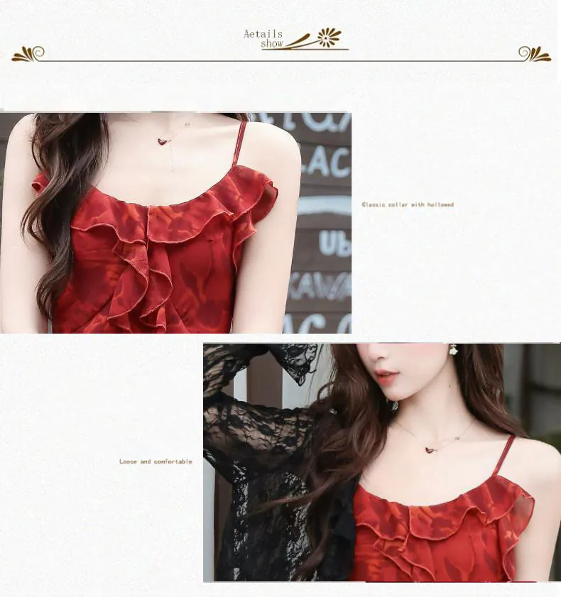Feminine-Wine-Red-Floral-Print-Chiffon-Dress-with-Sheer-Black-Lace-Cardigan08