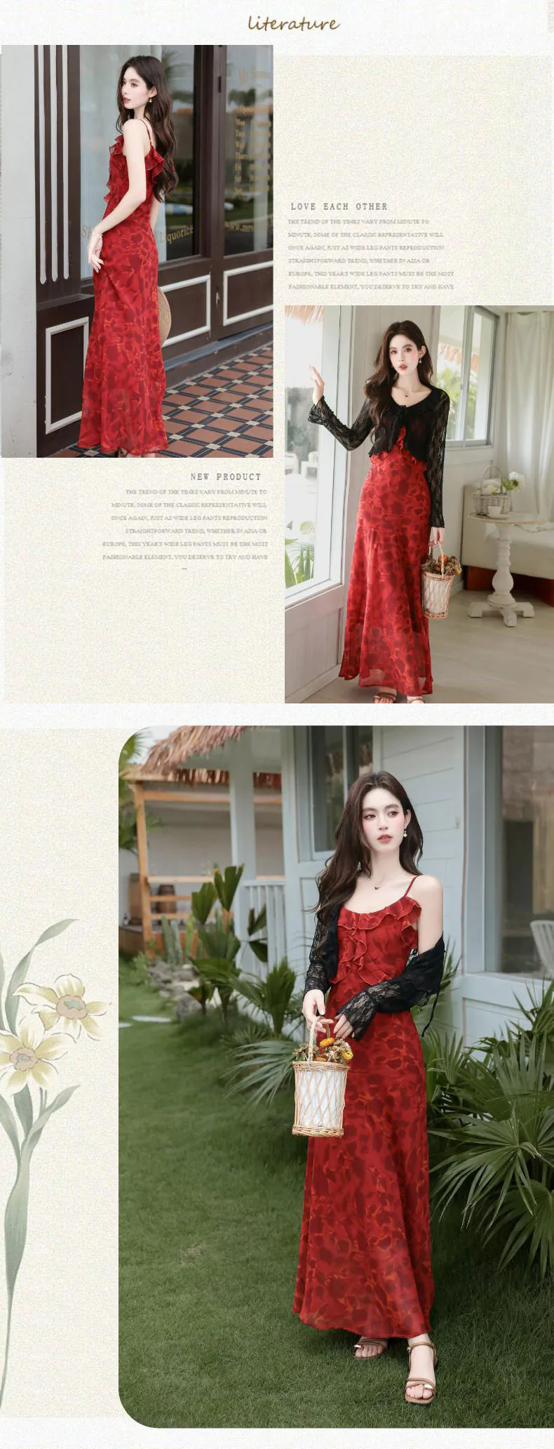 Feminine-Wine-Red-Floral-Print-Chiffon-Dress-with-Sheer-Black-Lace-Cardigan11