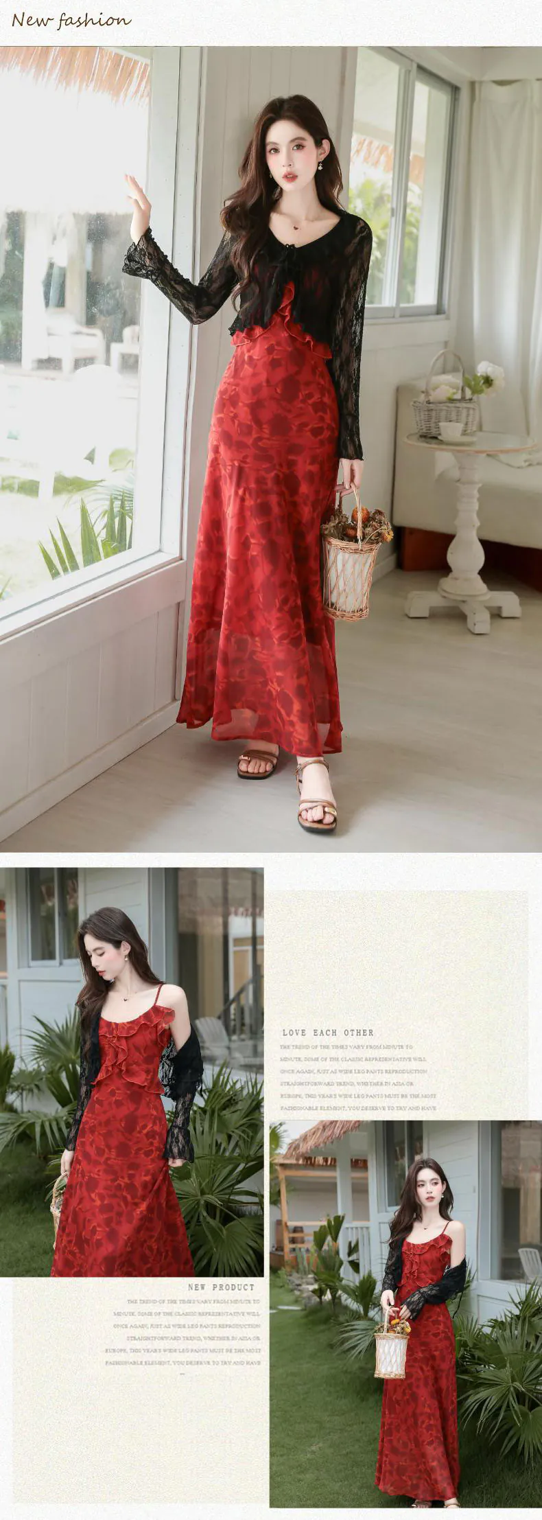Feminine-Wine-Red-Floral-Print-Chiffon-Dress-with-Sheer-Black-Lace-Cardigan13