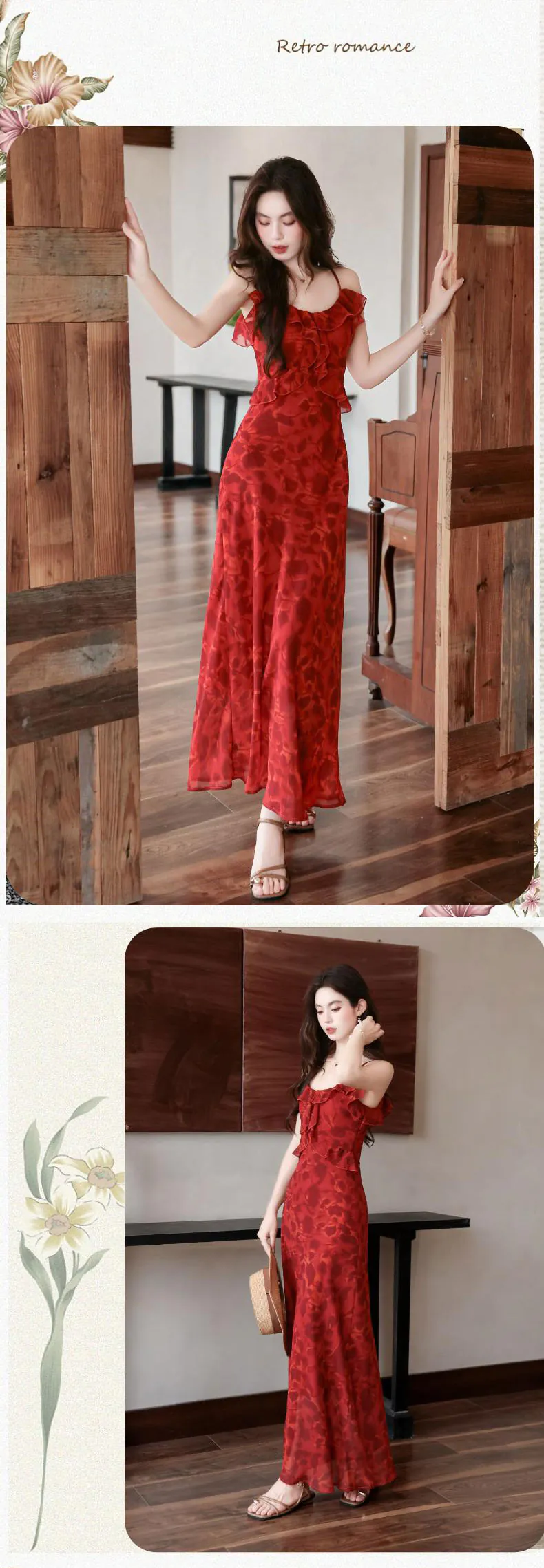 Feminine-Wine-Red-Floral-Print-Chiffon-Dress-with-Sheer-Black-Lace-Cardigan14