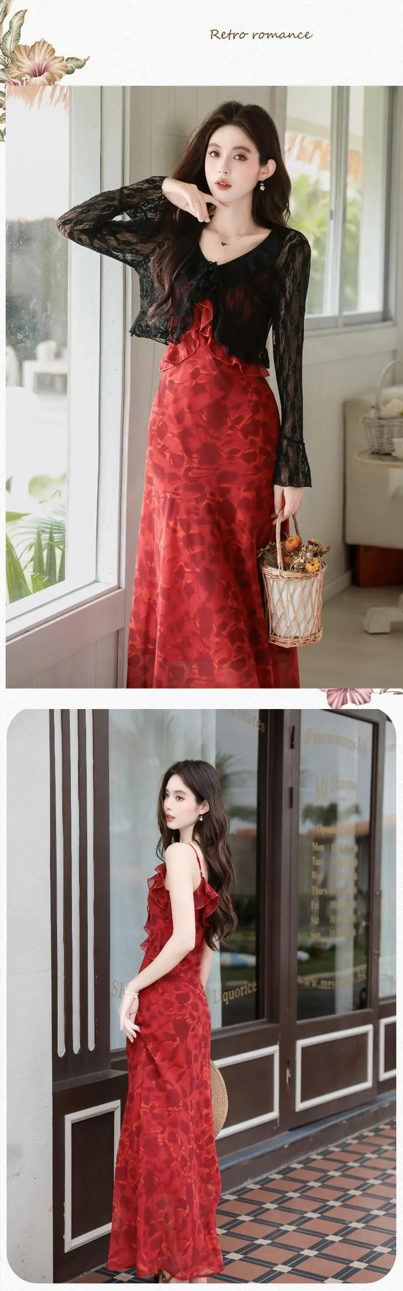 Feminine-Wine-Red-Floral-Print-Chiffon-Dress-with-Sheer-Black-Lace-Cardigan15