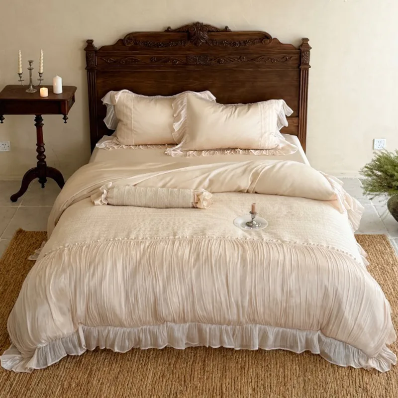 French Haute Couture Soft Cream 50s Cotton Crinkle Chiffon Duvet Cover Set01