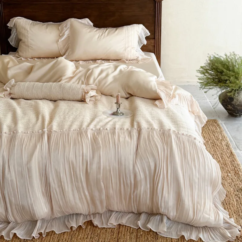 French Haute Couture Soft Cream 50s Cotton Crinkle Chiffon Duvet Cover Set02