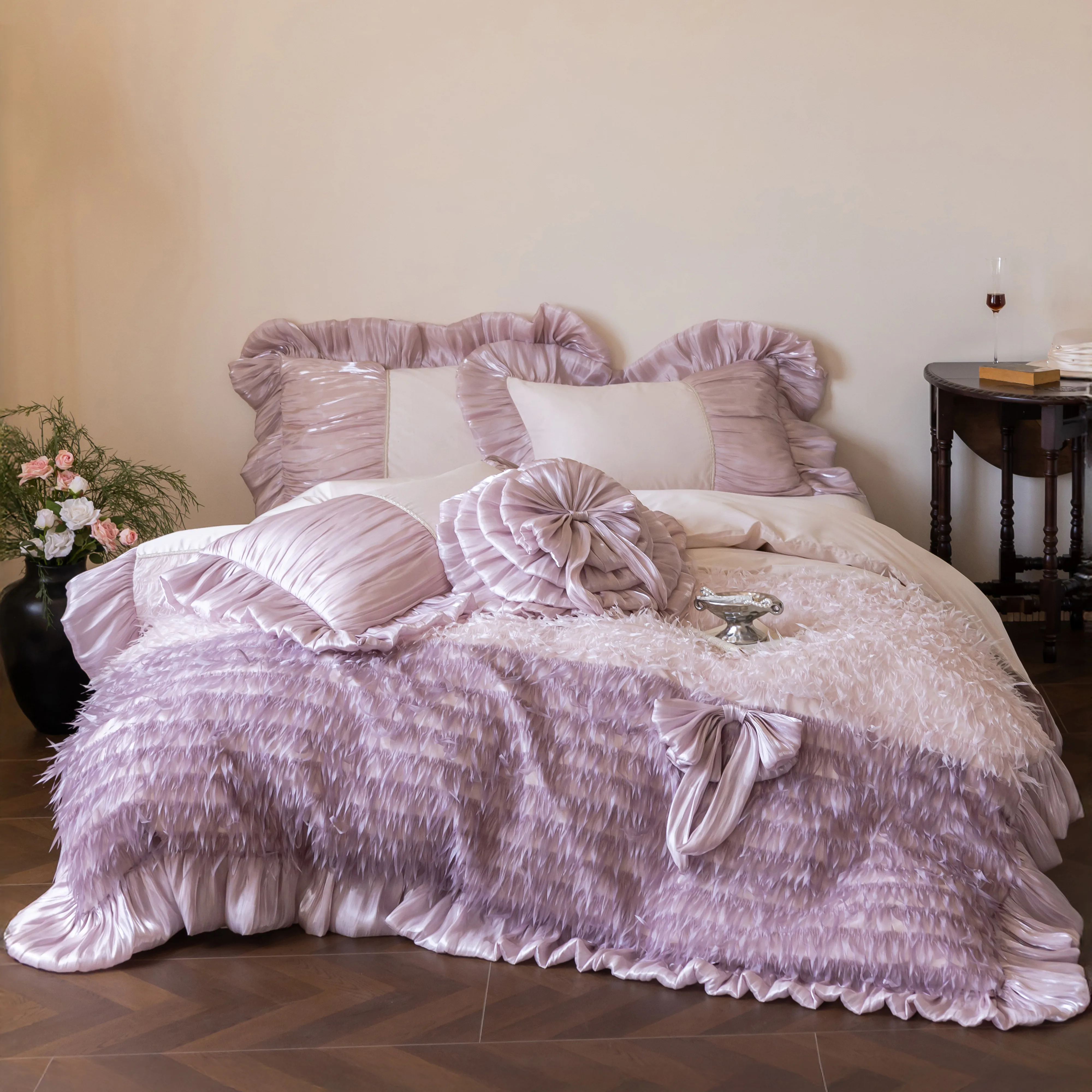 Lavender Feathery Pleated Ruffles 100S Long Staple Cotton Fuzzy Bedding Set01