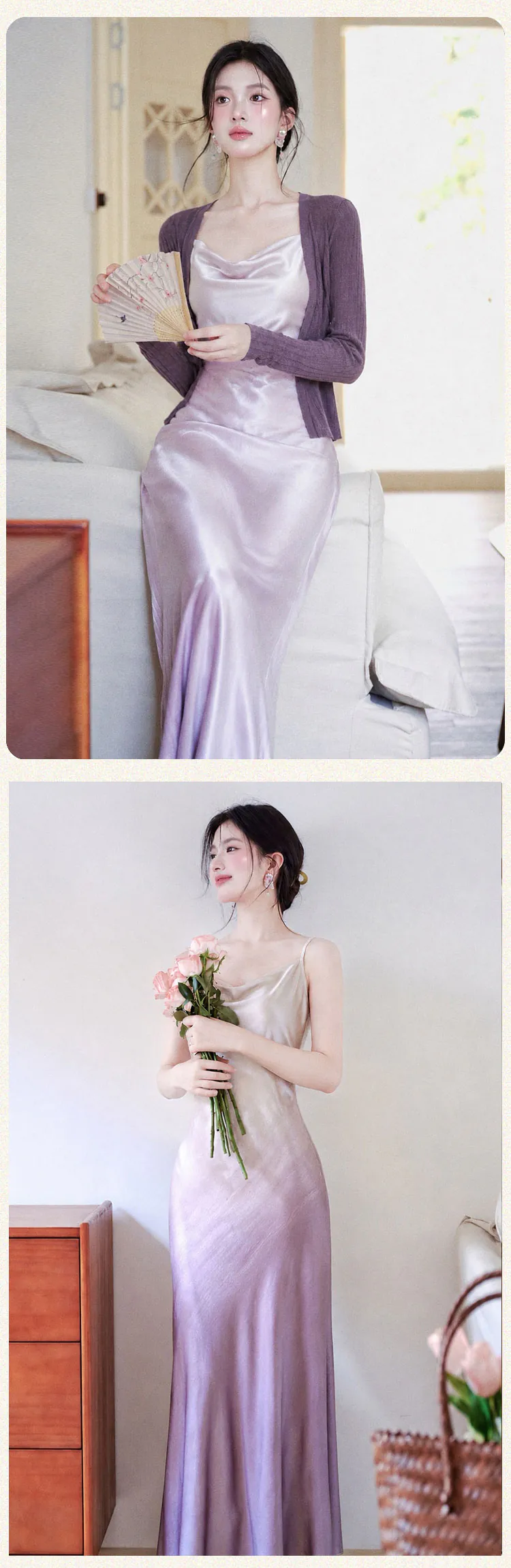 Lavender-Gradient-Ombre-Spaghetti-Strap-Satin-Dress-with-Knit-Cardigan-Set13