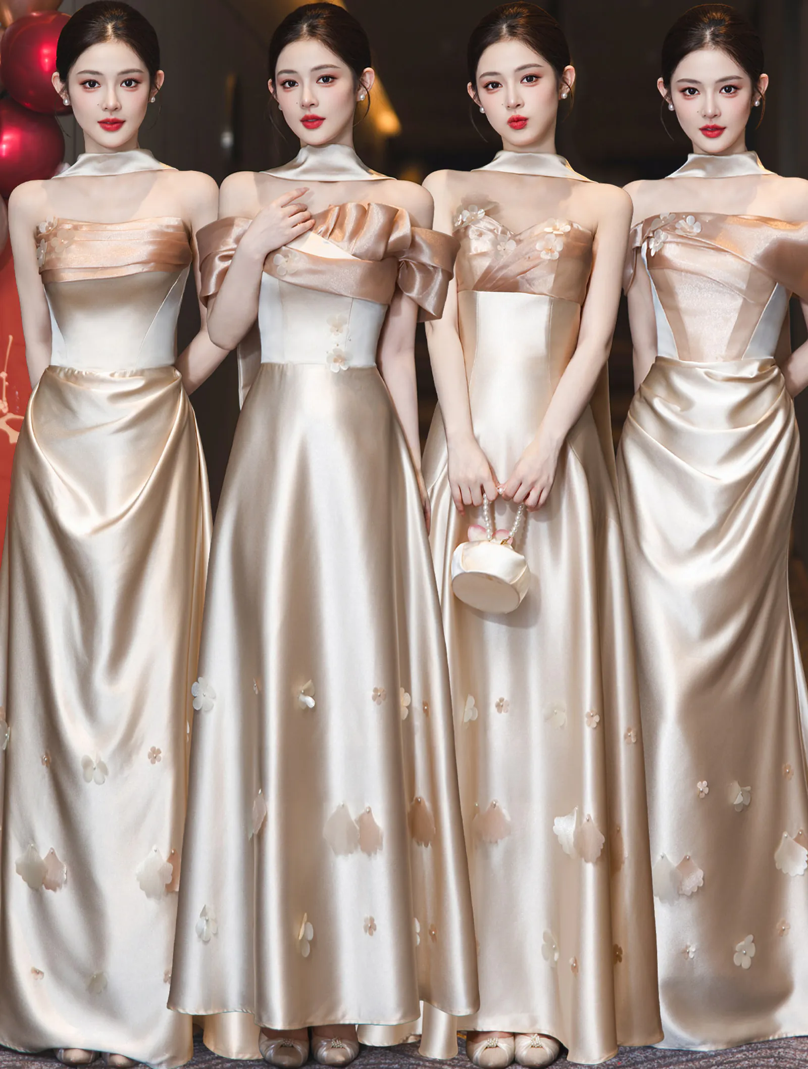 Mismatched Champagne Satin Bridal Party Bridesmaid Dress with 3D Petals01