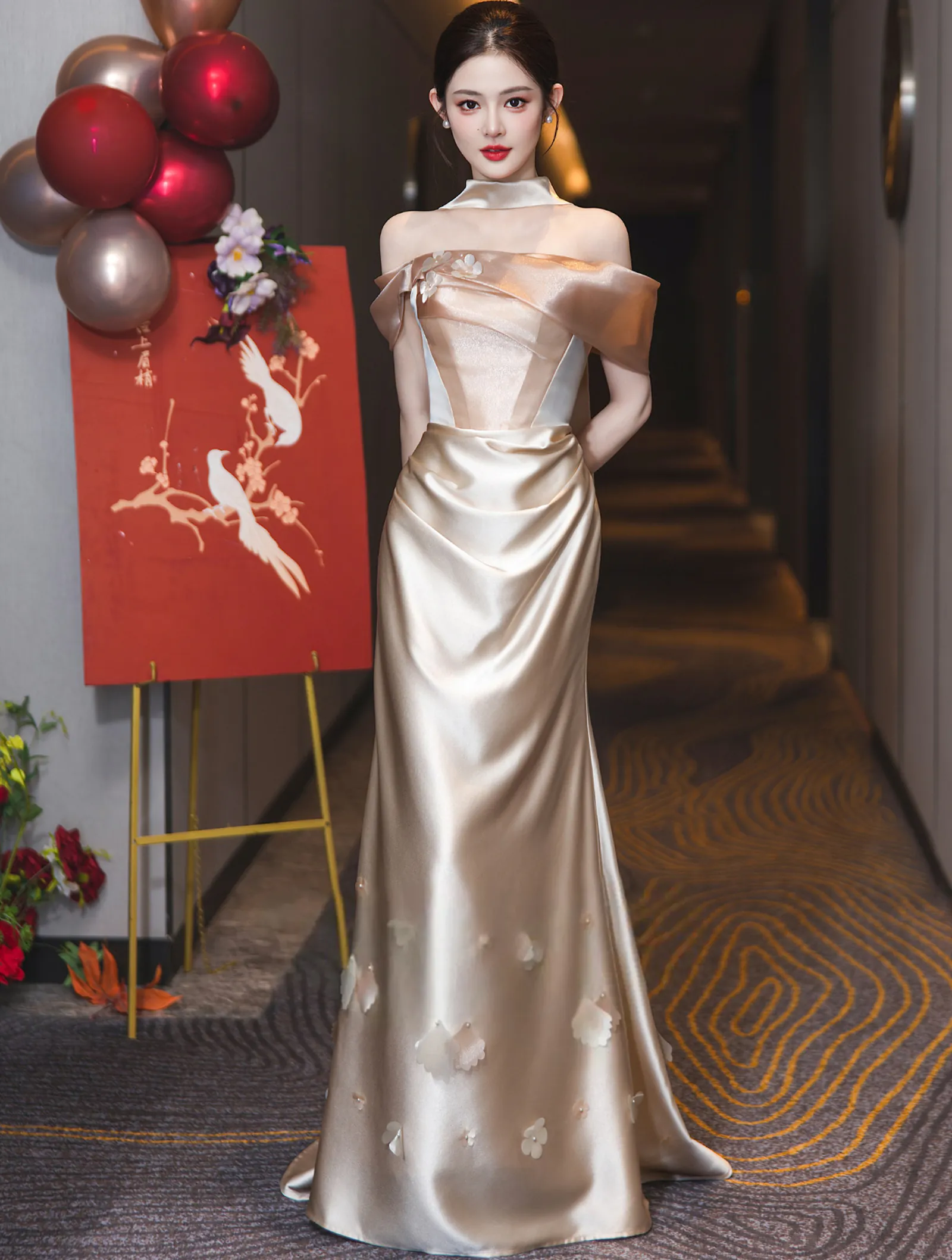 Mismatched Champagne Satin Bridal Party Bridesmaid Dress with 3D Petals02