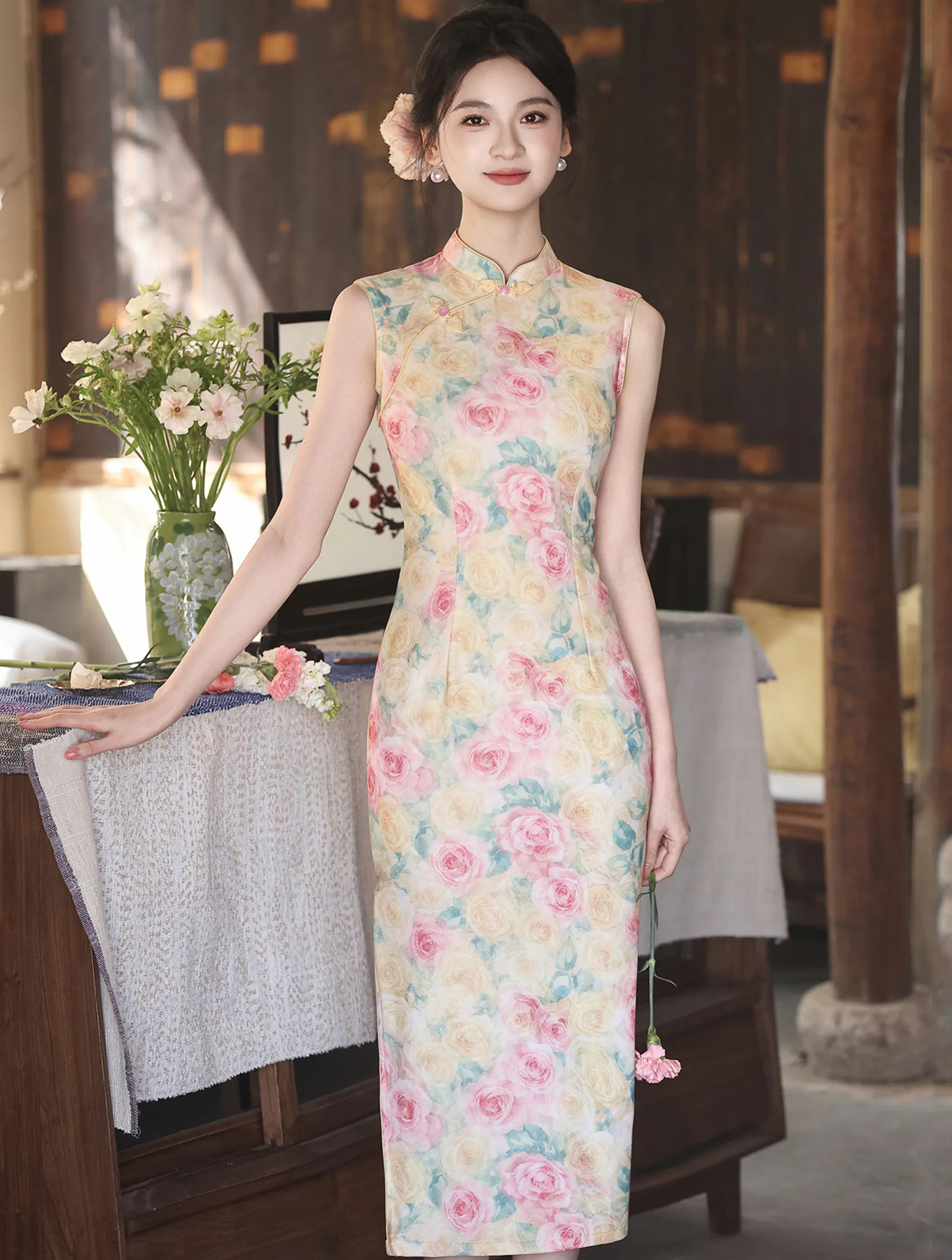 Pastel Pink and Yellow Rose Floral Print Sleeveless Chinese Qipao Dress01