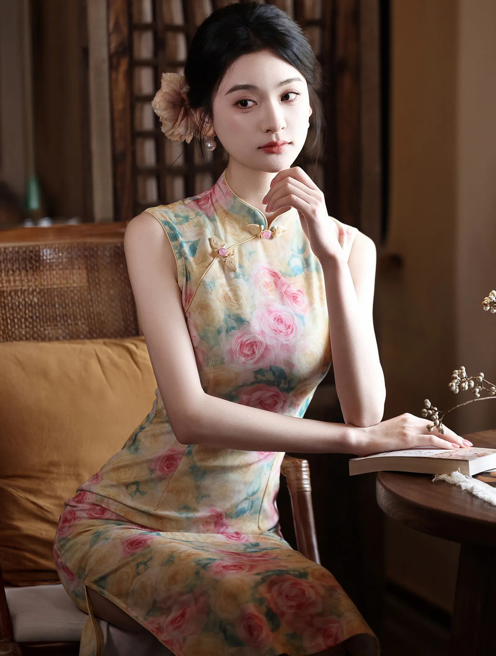 Pastel Pink and Yellow Rose Floral Print Sleeveless Chinese Qipao Dress02