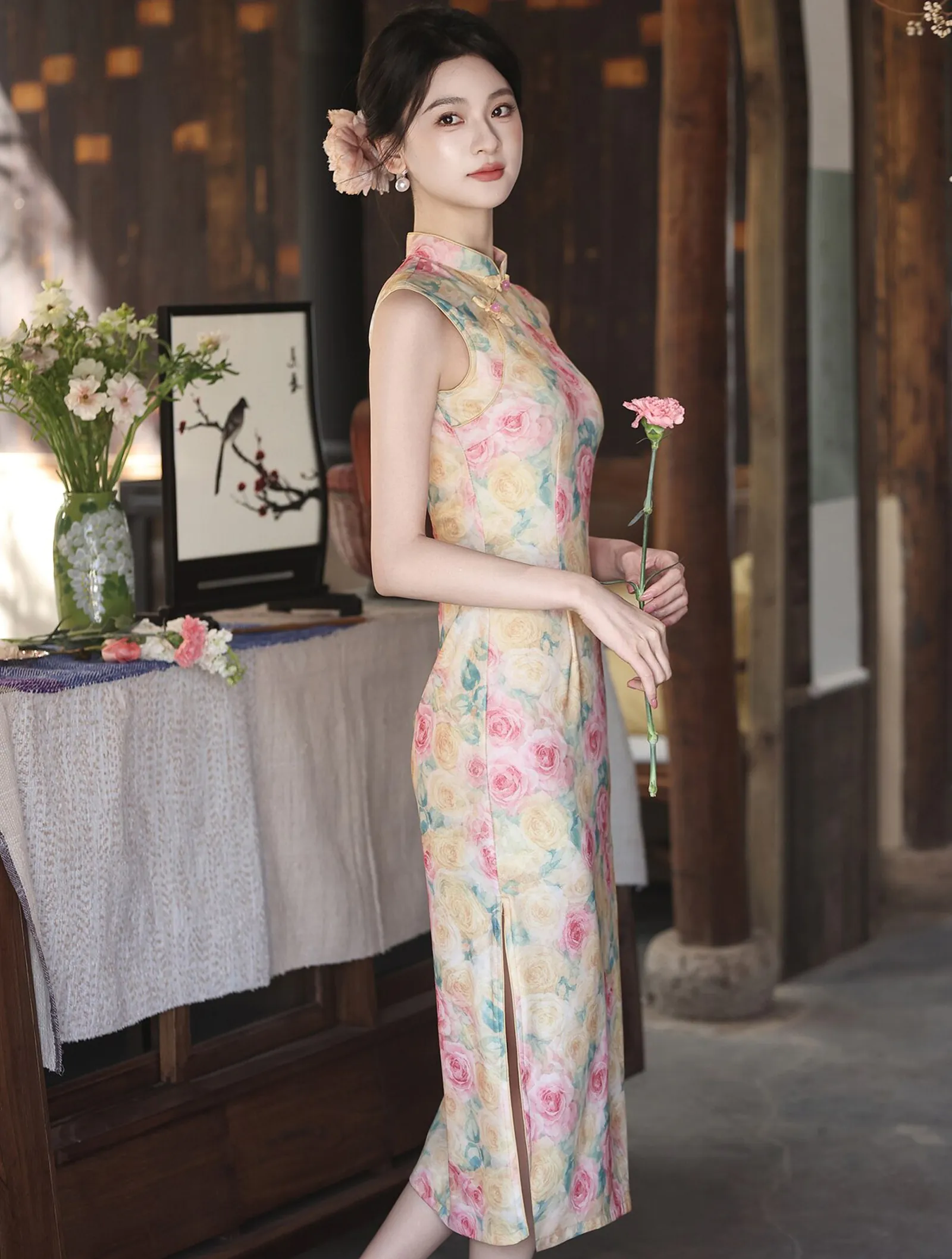 Pastel Pink and Yellow Rose Floral Print Sleeveless Chinese Qipao Dress03 Pastel Pink and Yellow Rose Floral Print Sleeveless Chinese Qipao Dress03