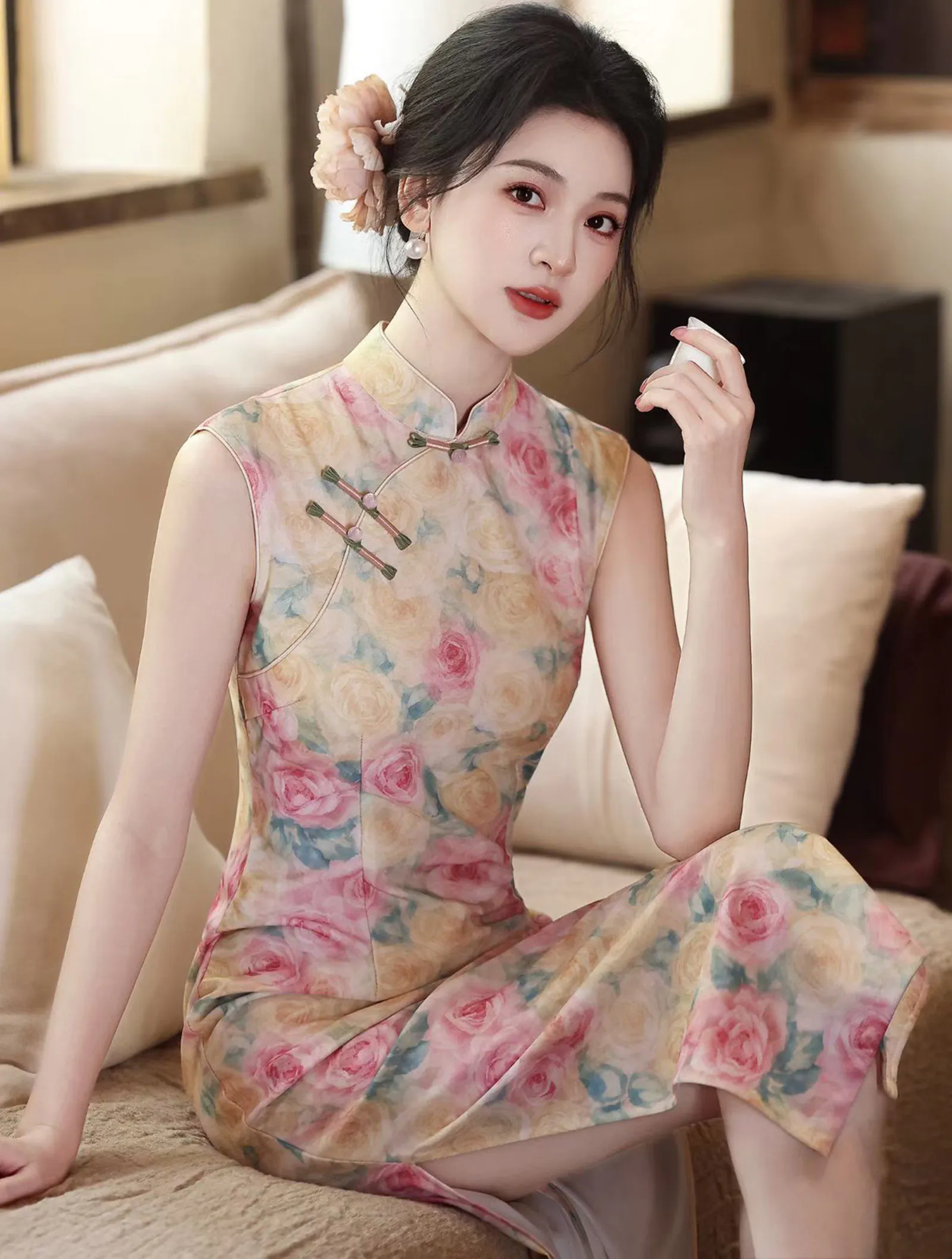 Pastel Pink and Yellow Rose Floral Print Sleeveless Chinese Qipao Dress04 Pastel Pink and Yellow Rose Floral Print Sleeveless Chinese Qipao Dress04