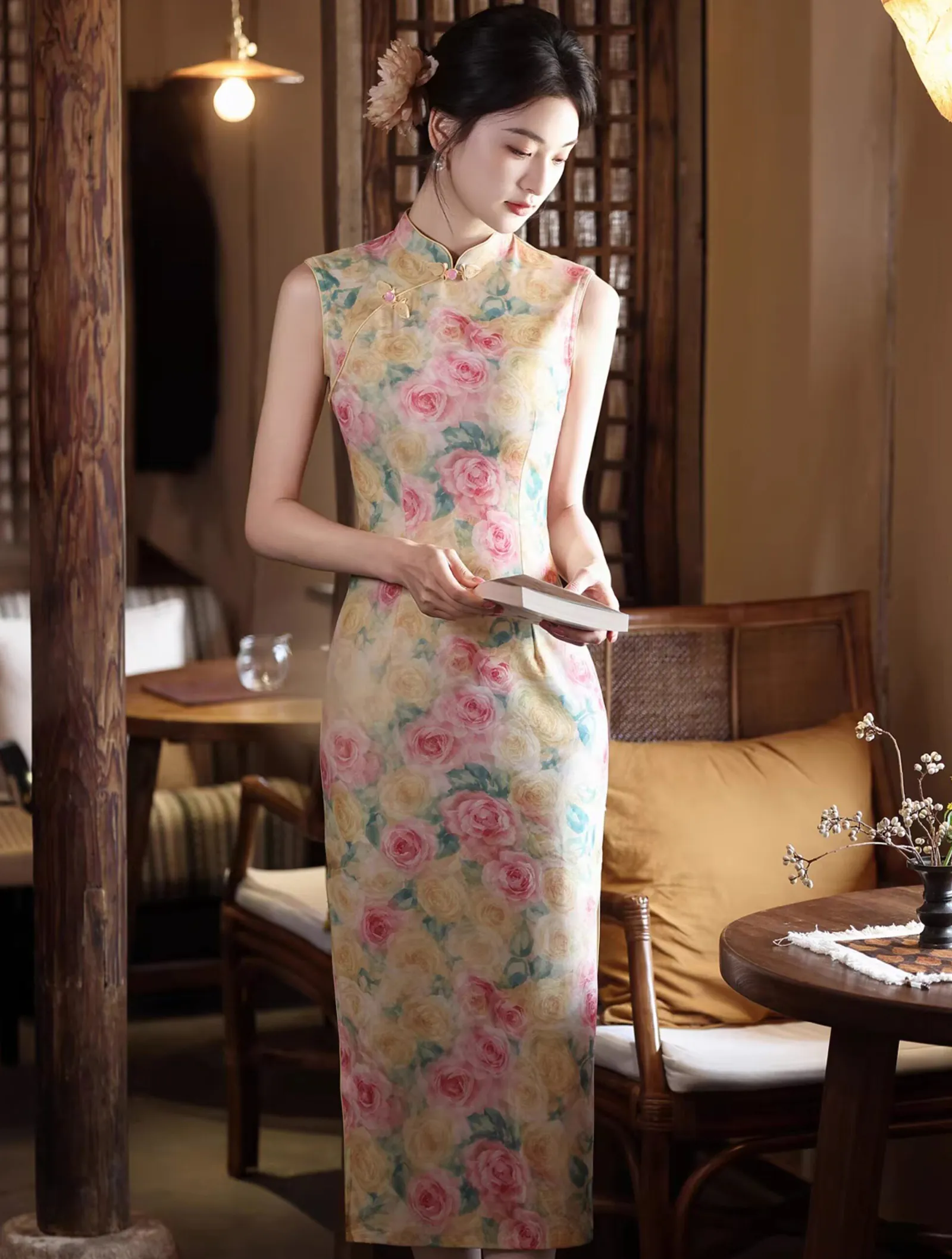 Pastel Pink and Yellow Rose Floral Print Sleeveless Chinese Qipao Dress05 Pastel Pink and Yellow Rose Floral Print Sleeveless Chinese Qipao Dress05