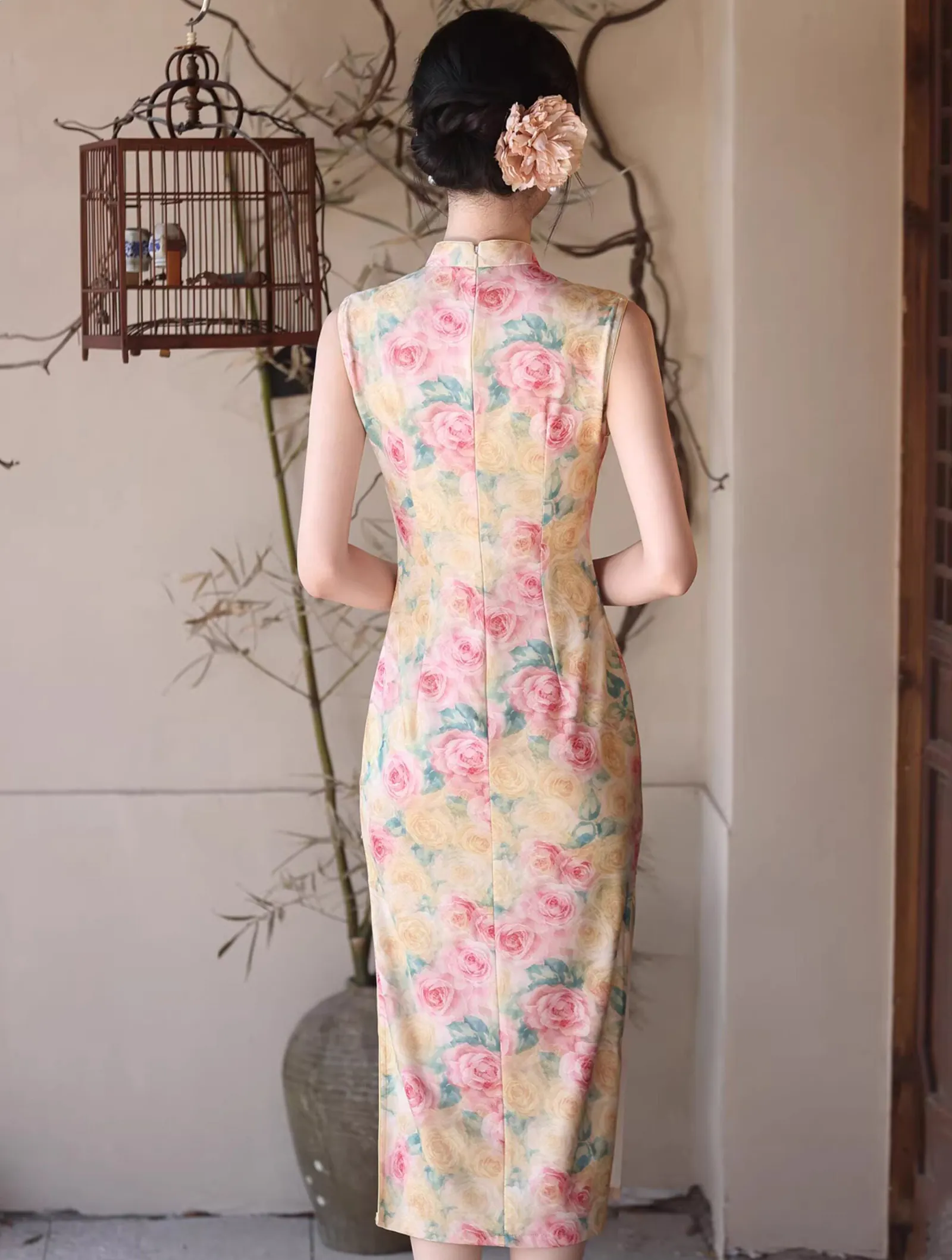 Pastel Pink and Yellow Rose Floral Print Sleeveless Chinese Qipao Dress06 Pastel Pink and Yellow Rose Floral Print Sleeveless Chinese Qipao Dress06