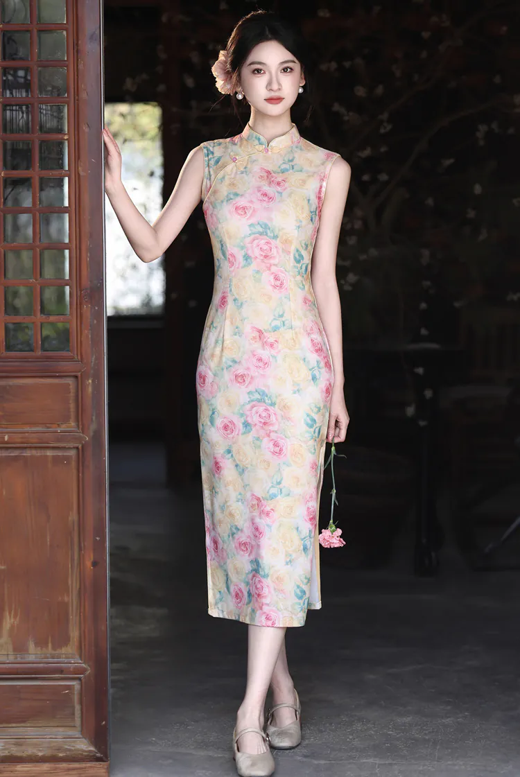 Pastel-Pink-and-Yellow-Rose-Floral-Print-Sleeveless-Chinese-Qipao-Dress07