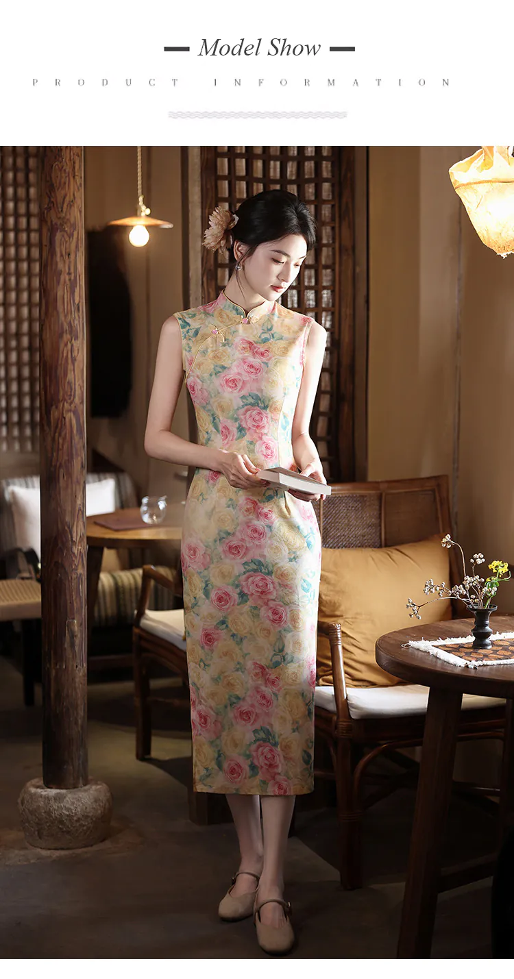 Pastel-Pink-and-Yellow-Rose-Floral-Print-Sleeveless-Chinese-Qipao-Dress11