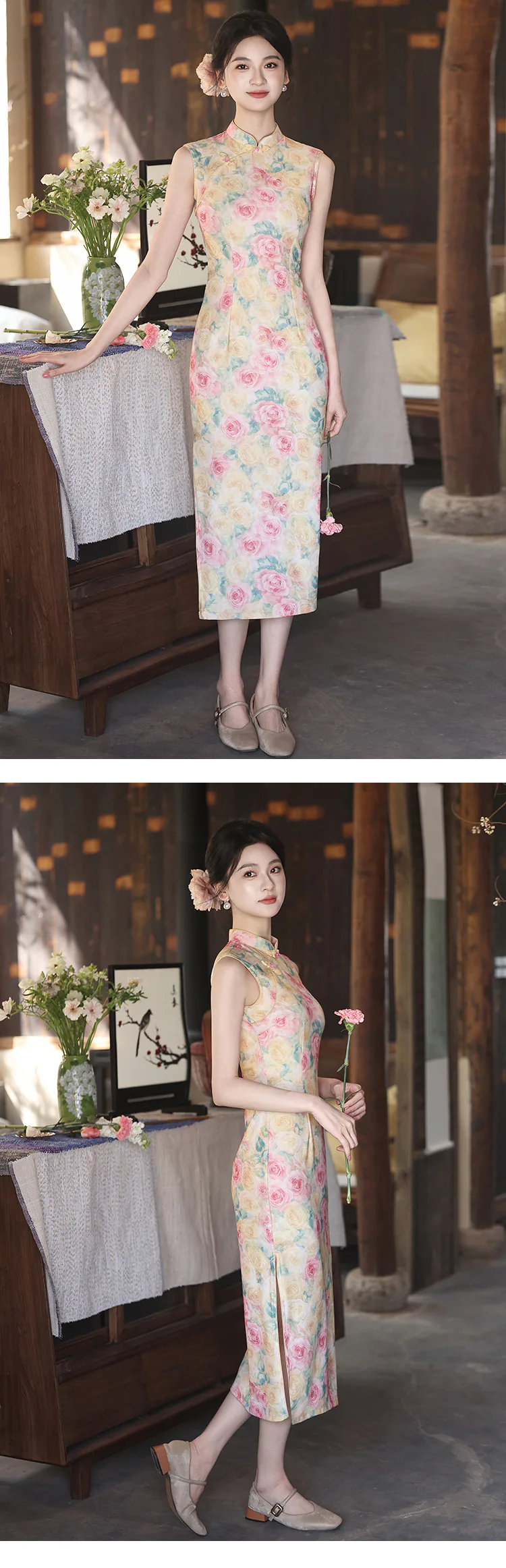 Pastel-Pink-and-Yellow-Rose-Floral-Print-Sleeveless-Chinese-Qipao-Dress12