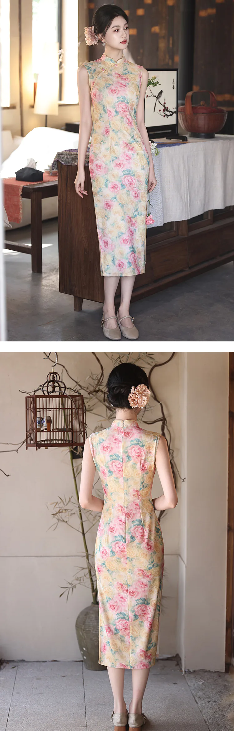 Pastel-Pink-and-Yellow-Rose-Floral-Print-Sleeveless-Chinese-Qipao-Dress13