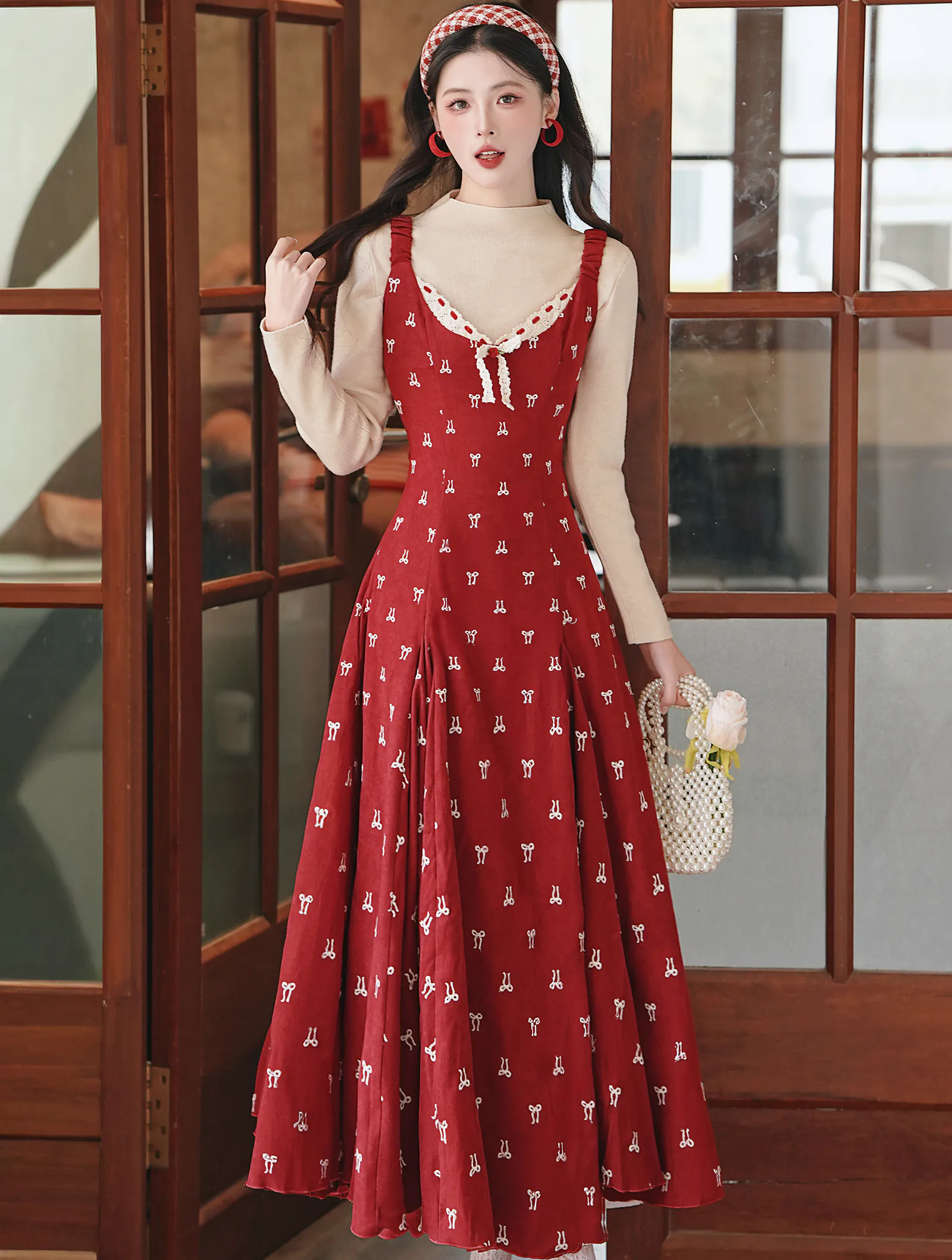 Retro Girlish Bow Embroidery Red Dress with Long Sleeve Top Two Piece Set01