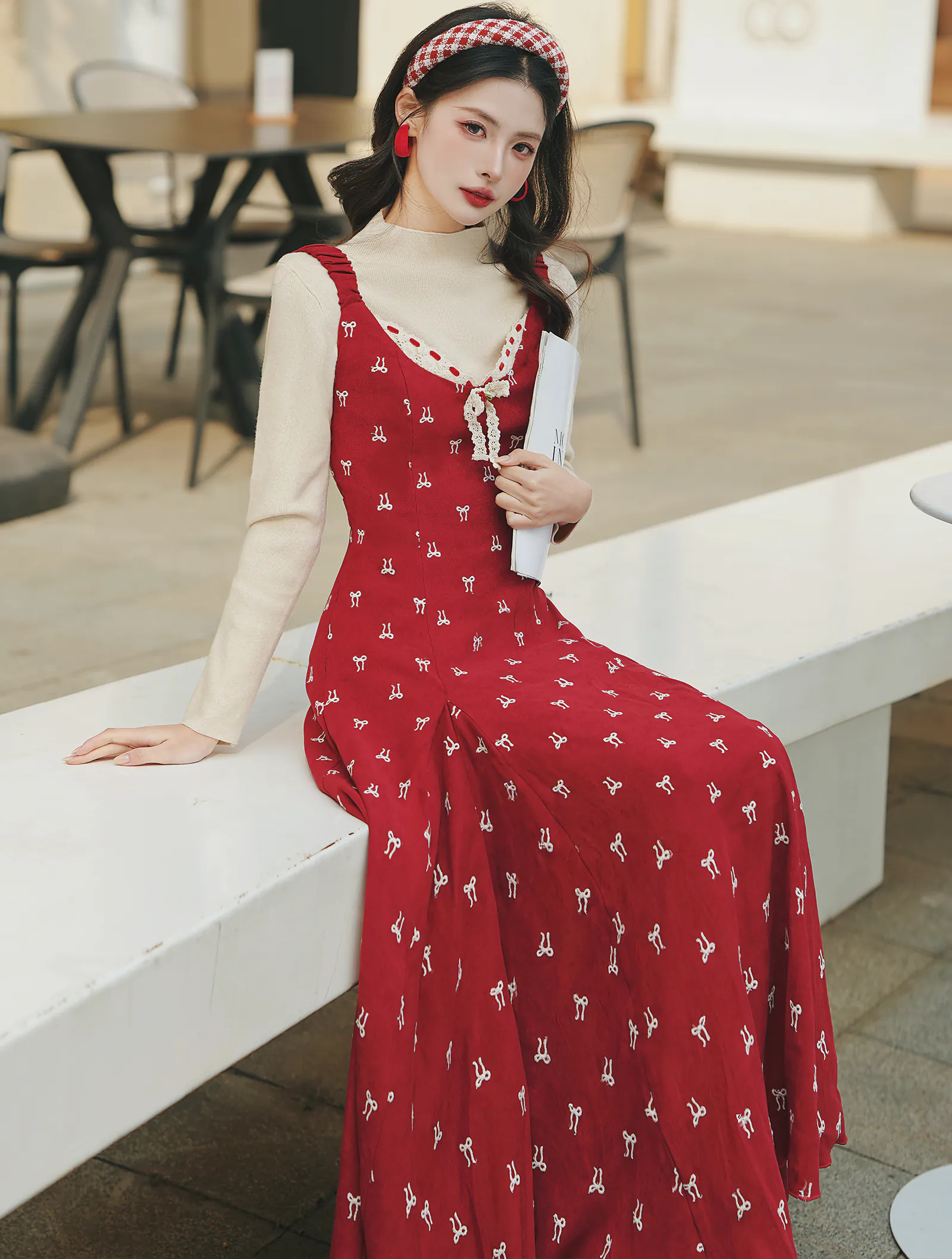 Retro Girlish Bow Embroidery Red Dress with Long Sleeve Top Two Piece Set02