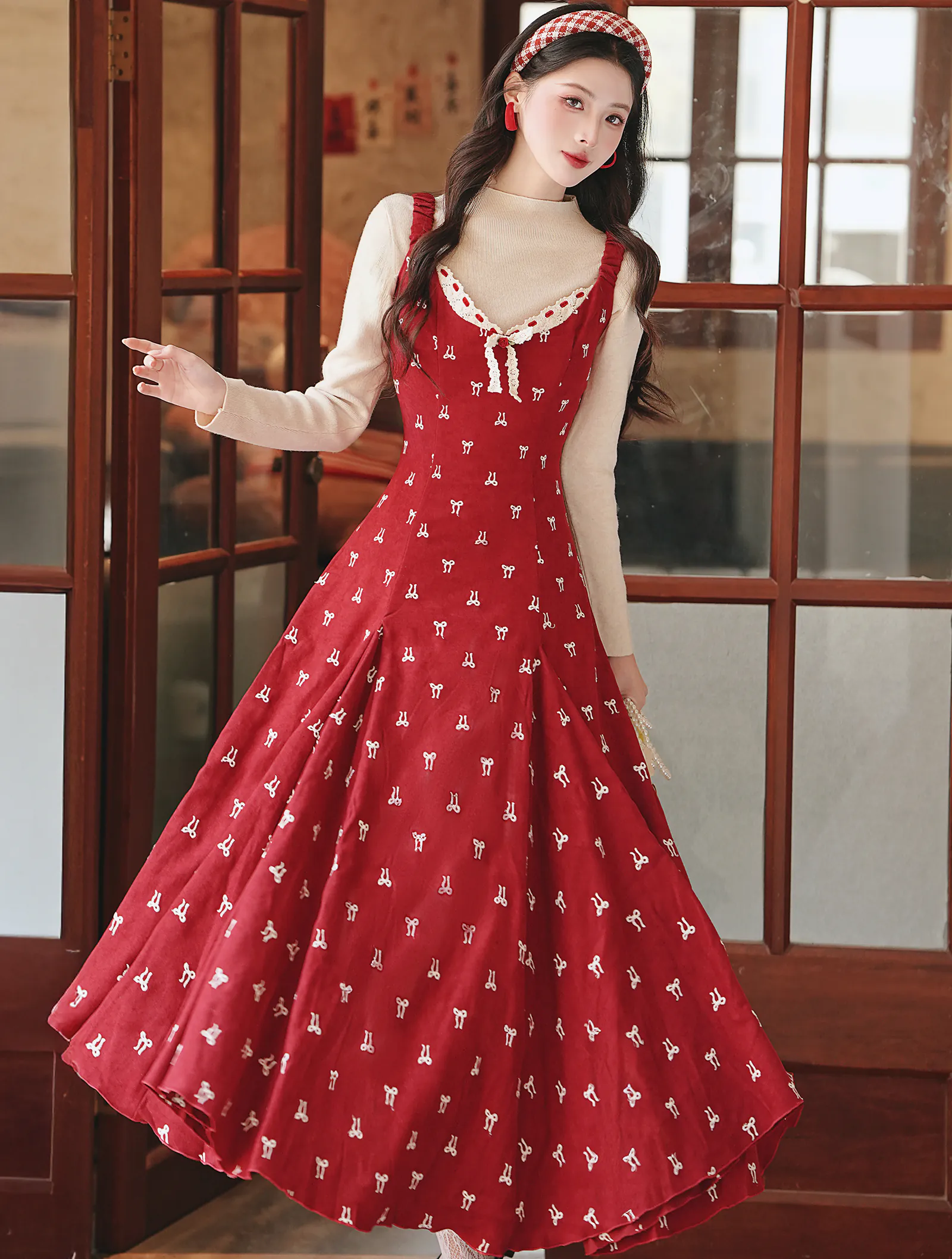 Retro Girlish Bow Embroidery Red Dress with Long Sleeve Top Two-Piece Set04 Retro Girlish Bow Embroidery Red Dress with Long Sleeve Top Two Piece Set04