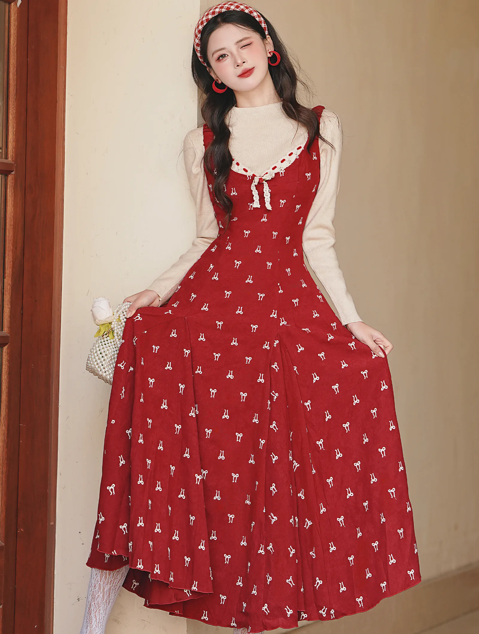 Retro Girlish Bow Embroidery Red Dress with Long Sleeve Top Two-Piece Set05 Retro Girlish Bow Embroidery Red Dress with Long Sleeve Top Two Piece Set05