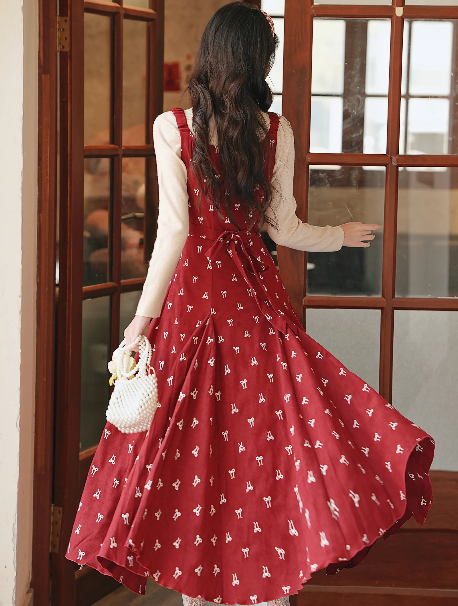 Retro Girlish Bow Embroidery Red Dress with Long Sleeve Top Two-Piece Set06 Retro Girlish Bow Embroidery Red Dress with Long Sleeve Top Two Piece Set06