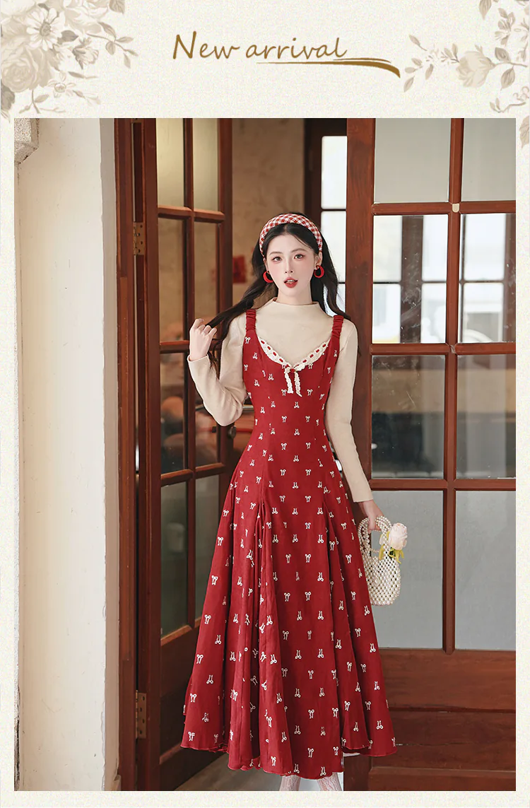 Retro-Girlish-Bow-Embroidery-Red-Dress-with-Long-Sleeve-Top-Two-Piece-Set07