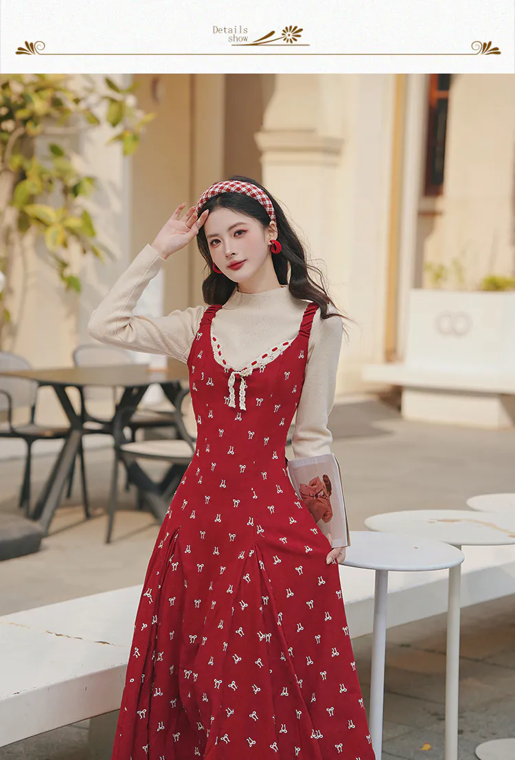 Retro-Girlish-Bow-Embroidery-Red-Dress-with-Long-Sleeve-Top-Two-Piece-Set09