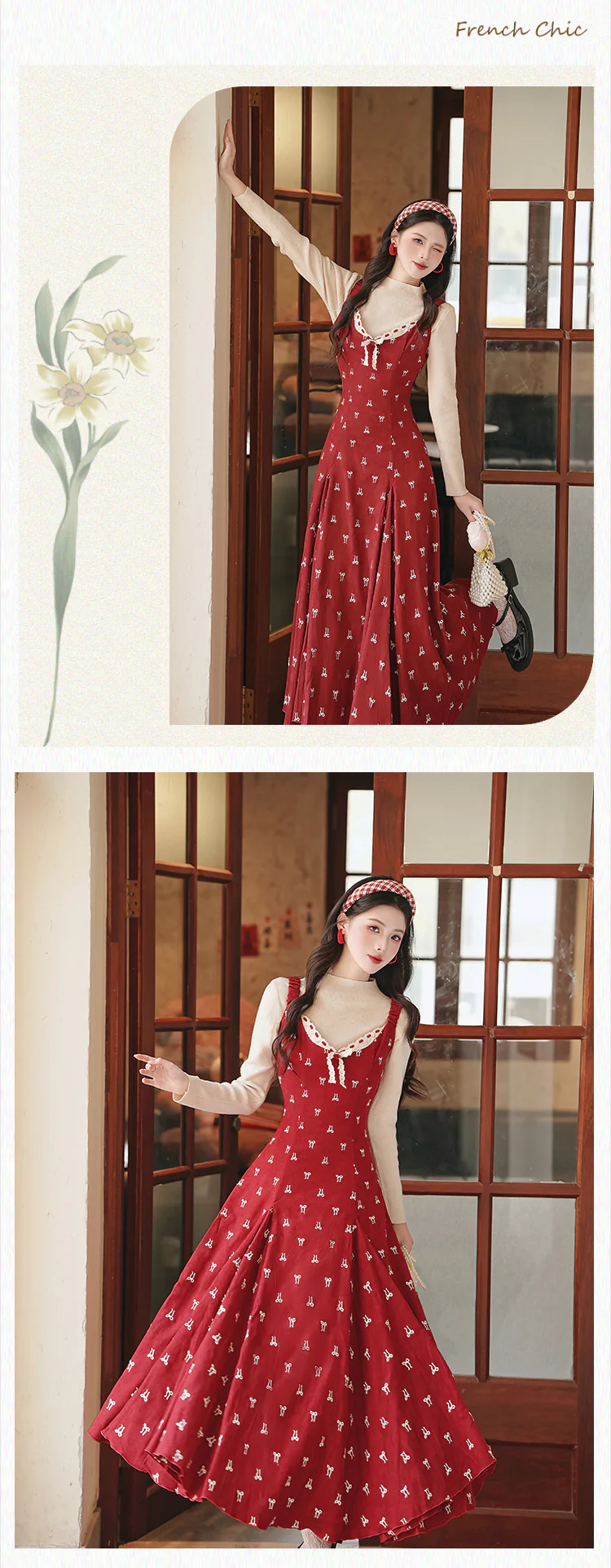 Retro-Girlish-Bow-Embroidery-Red-Dress-with-Long-Sleeve-Top-Two-Piece-Set10