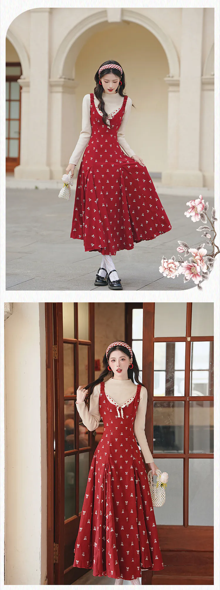 Retro-Girlish-Bow-Embroidery-Red-Dress-with-Long-Sleeve-Top-Two-Piece-Set14