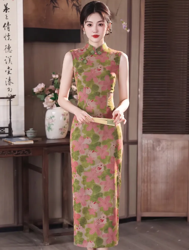 Retro Green Pink Floral and Bunny Print Sleeveless Mandarin Collar Qipao Dress01