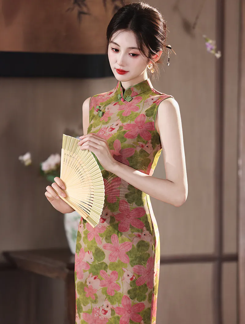 Retro Green Pink Floral and Bunny Print Sleeveless Mandarin Collar Qipao Dress04 Retro Green Pink Floral and Bunny Print Sleeveless Mandarin Collar Qipao Dress04