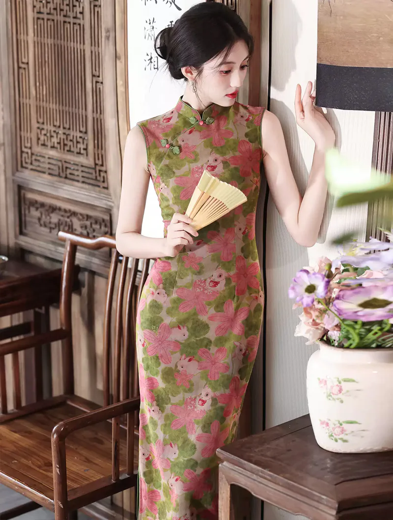 Retro Green Pink Floral and Bunny Print Sleeveless Mandarin Collar Qipao Dress05 Retro Green Pink Floral and Bunny Print Sleeveless Mandarin Collar Qipao Dress05
