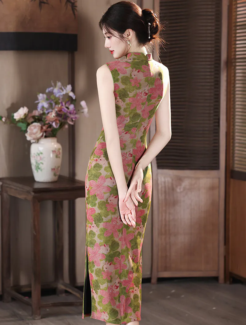 Retro Green Pink Floral and Bunny Print Sleeveless Mandarin Collar Qipao Dress06 Retro Green Pink Floral and Bunny Print Sleeveless Mandarin Collar Qipao Dress06