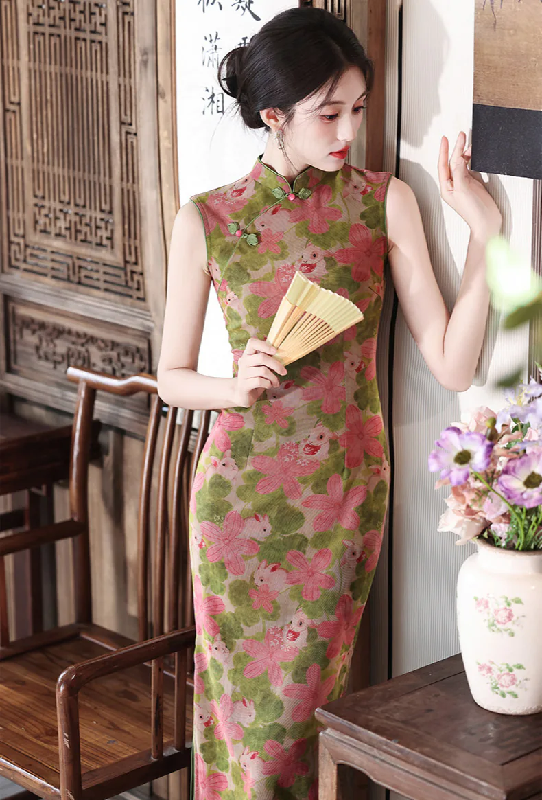Retro-Green-Pink-Floral-and-Bunny-Print-Sleeveless-Mandarin-Collar-Qipao-Dress07