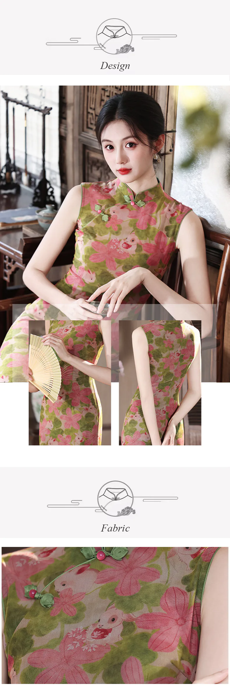 Retro-Green-Pink-Floral-and-Bunny-Print-Sleeveless-Mandarin-Collar-Qipao-Dress08