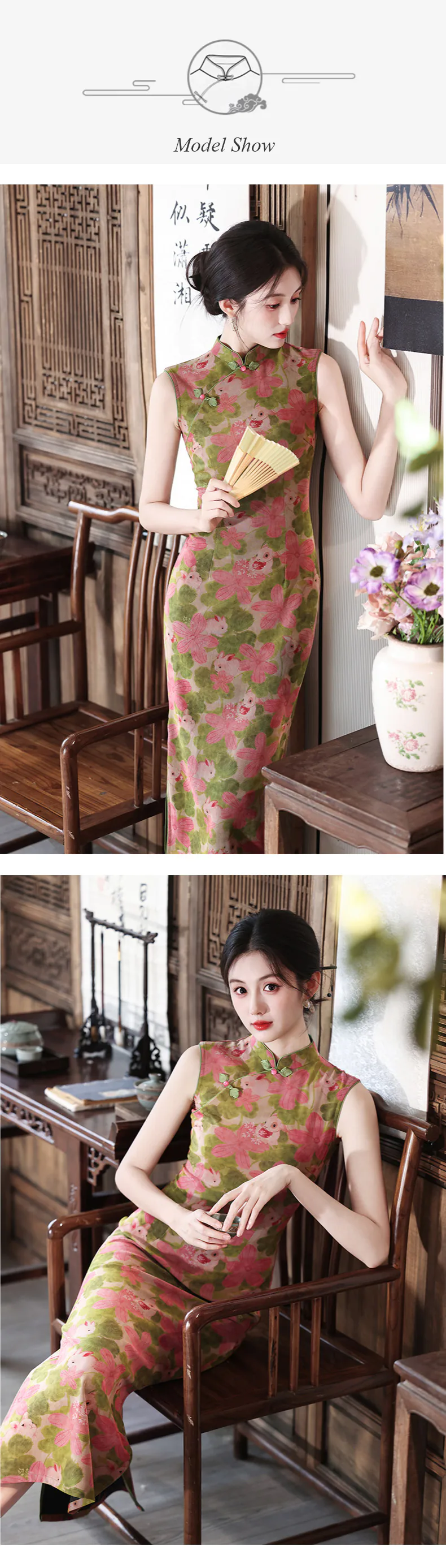 Retro-Green-Pink-Floral-and-Bunny-Print-Sleeveless-Mandarin-Collar-Qipao-Dress09