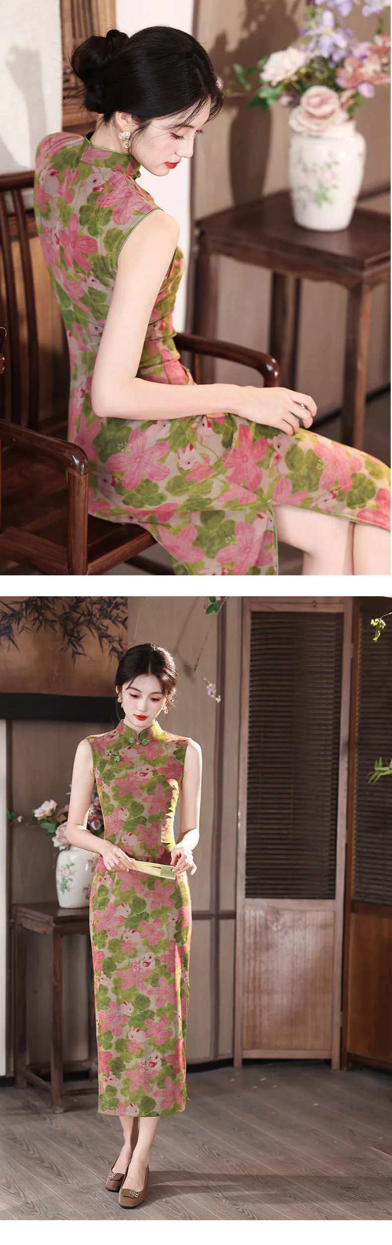 Retro-Green-Pink-Floral-and-Bunny-Print-Sleeveless-Mandarin-Collar-Qipao-Dress11