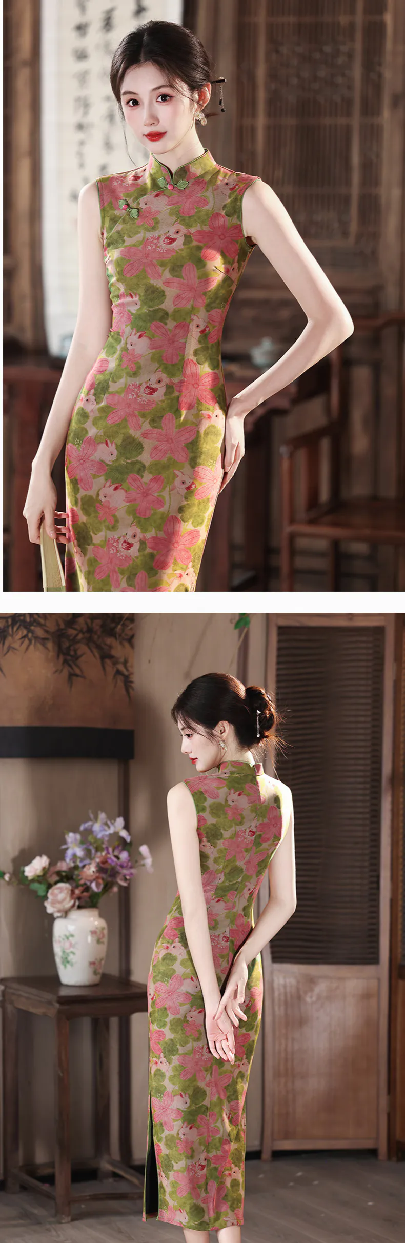 Retro-Green-Pink-Floral-and-Bunny-Print-Sleeveless-Mandarin-Collar-Qipao-Dress13
