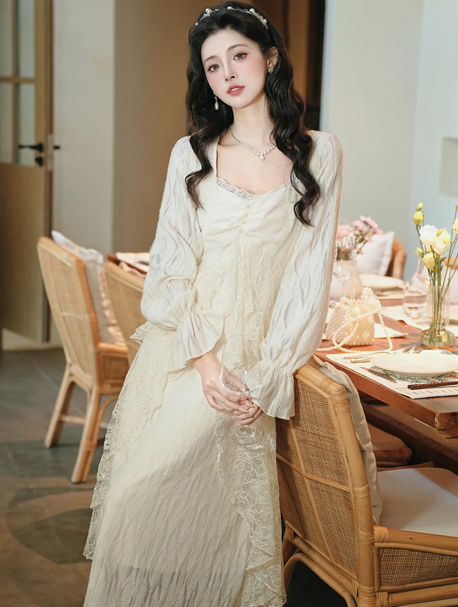 Retro Square Neckline Fleece Lined Slit Ruffle Lace Fall Winter Casual Dress02