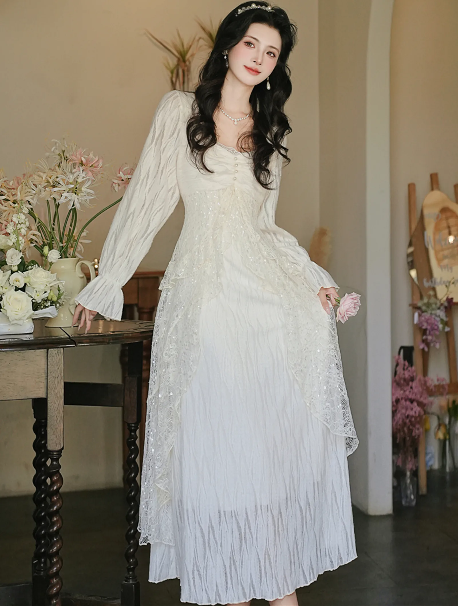 Retro Square Neckline Fleece-Lined Slit Ruffle Lace Fall Winter Casual Dress03 Retro Square Neckline Fleece Lined Slit Ruffle Lace Fall Winter Casual Dress03