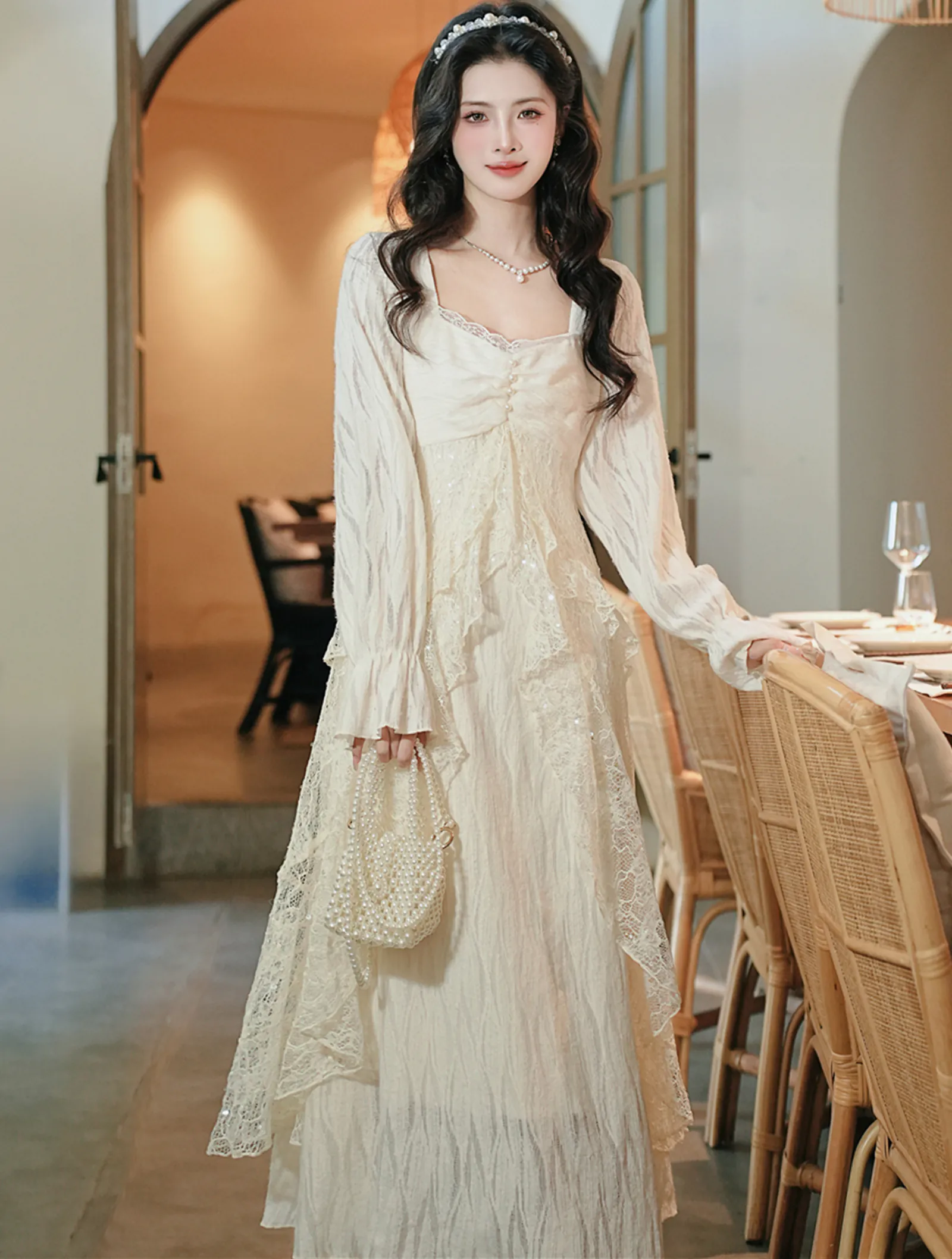 Retro Square Neckline Fleece-Lined Slit Ruffle Lace Fall Winter Casual Dress04 Retro Square Neckline Fleece Lined Slit Ruffle Lace Fall Winter Casual Dress04