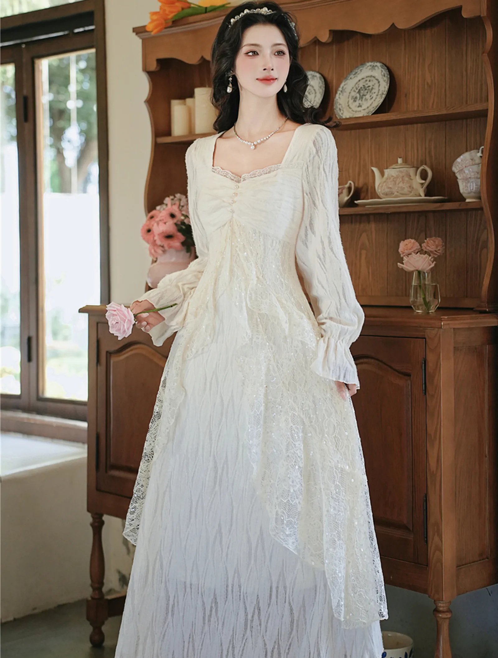 Retro Square Neckline Fleece-Lined Slit Ruffle Lace Fall Winter Casual Dress05 Retro Square Neckline Fleece Lined Slit Ruffle Lace Fall Winter Casual Dress05