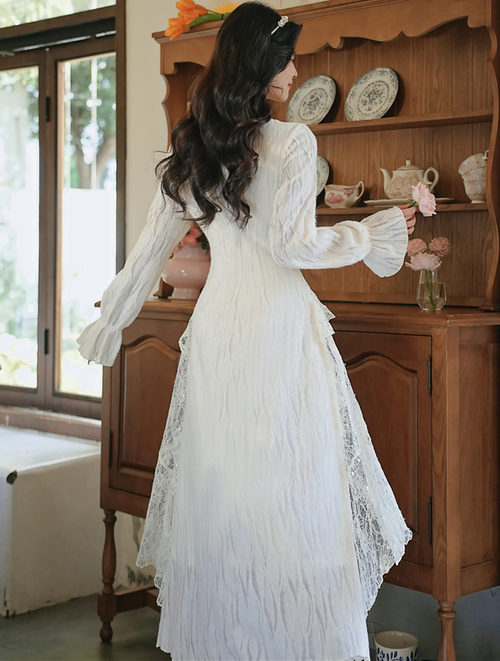 Retro Square Neckline Fleece-Lined Slit Ruffle Lace Fall Winter Casual Dress06 Retro Square Neckline Fleece Lined Slit Ruffle Lace Fall Winter Casual Dress06