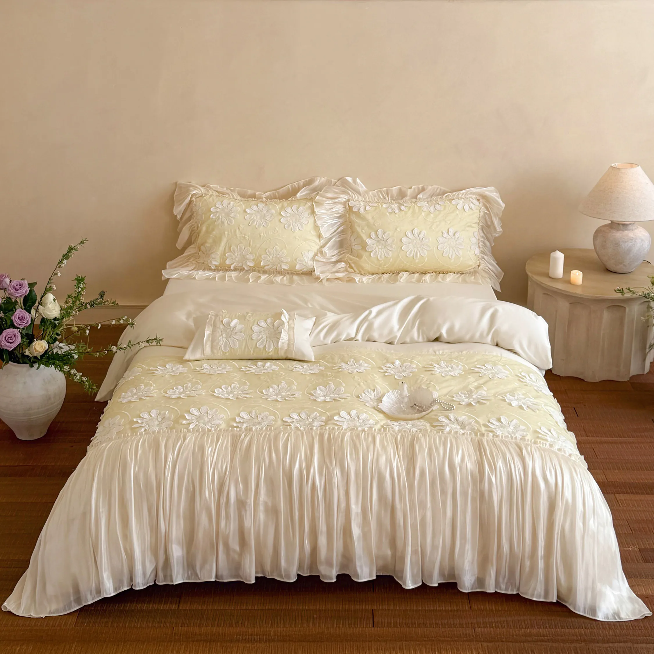 Romantic 3D Flowers Lace Ruffles 100S Tencel Cotton Comforter Cover Set01