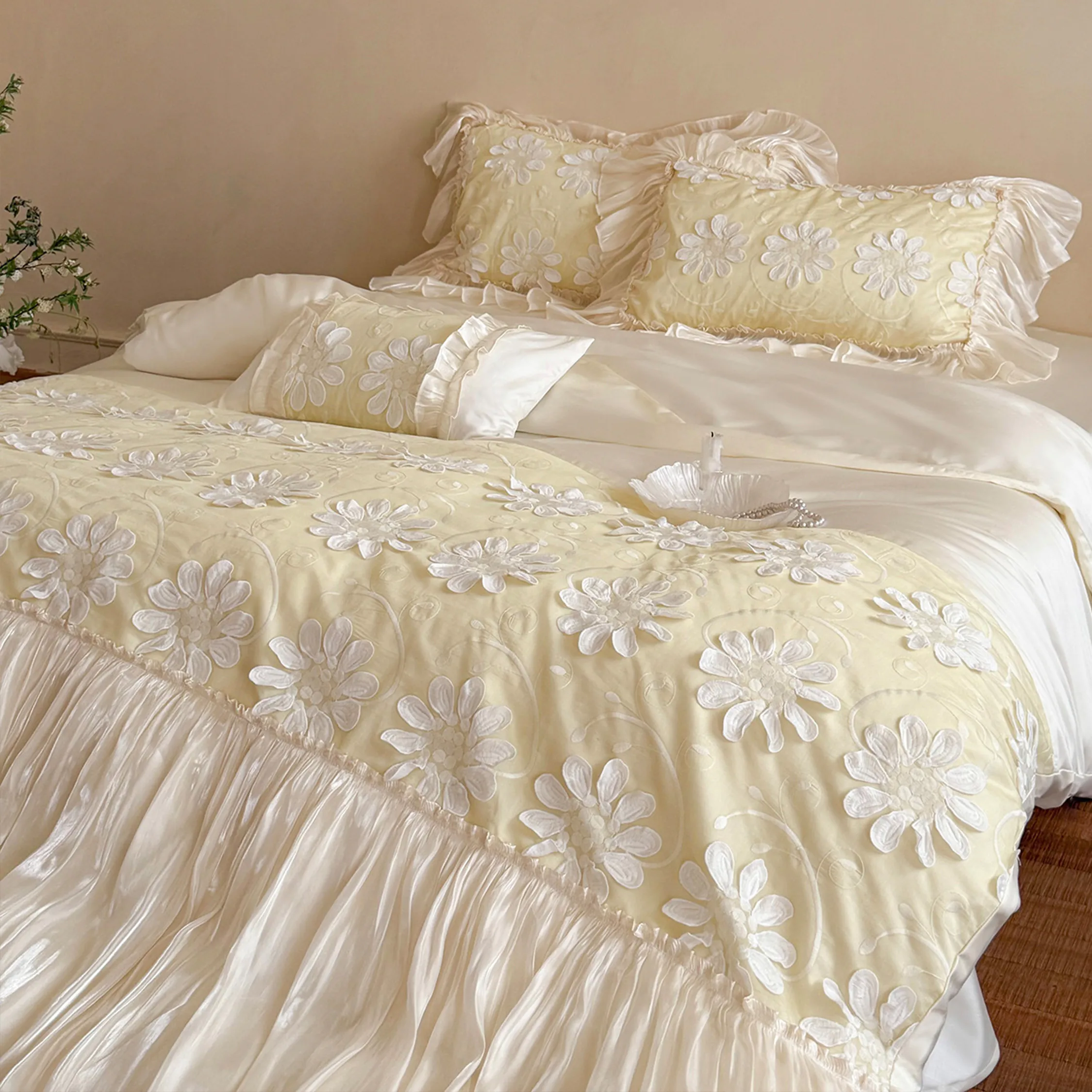 Romantic 3D Flowers Lace Ruffles 100S Tencel Cotton Comforter Cover Set02
