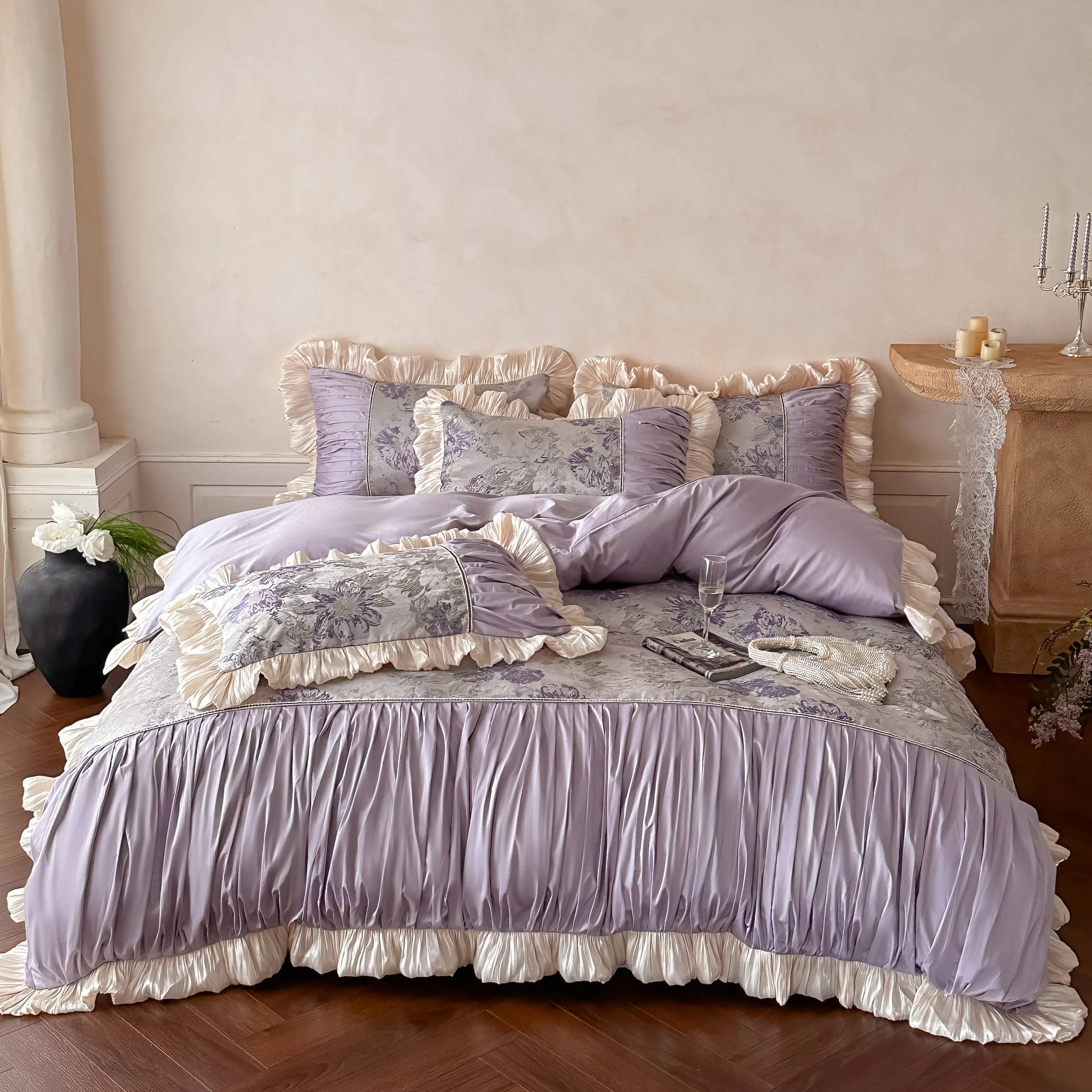 Royal Court 60s Oil Painting Jacquard Peony Spliced Ruffle Bedding Set01